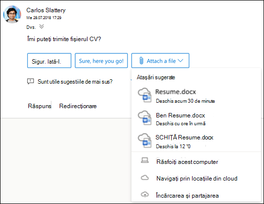 Atașarea fișierelor sugerate în Outlook.