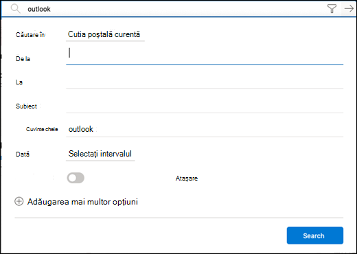 Meniul de filtrare pentru căutare.