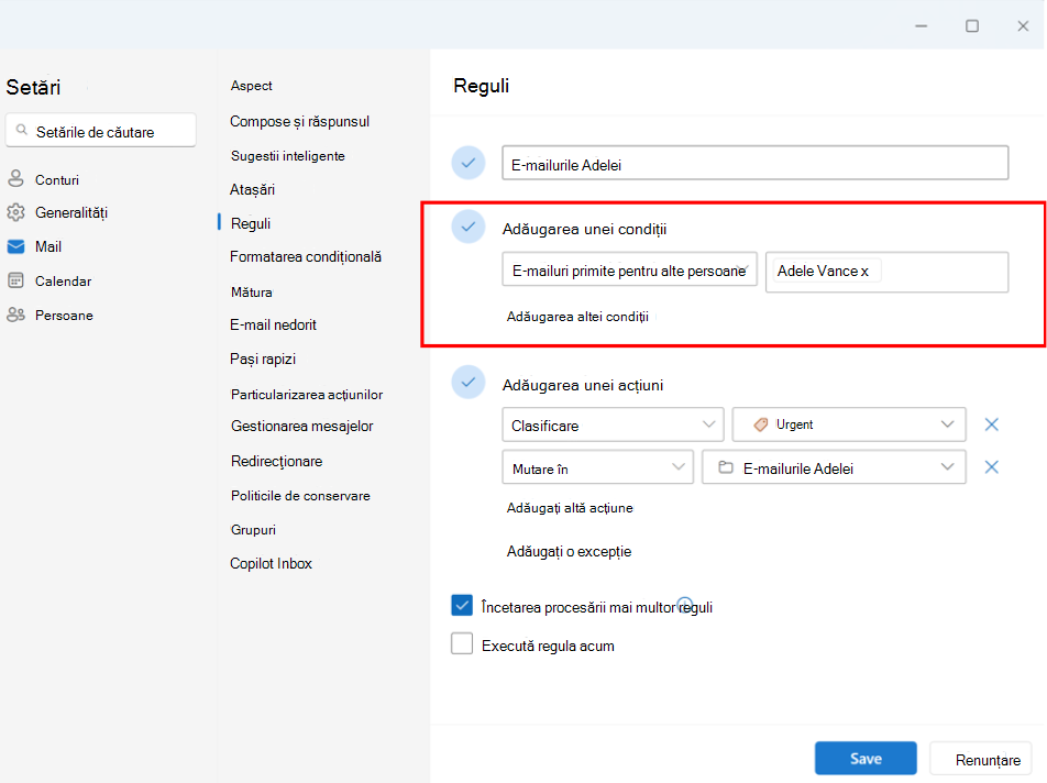 Captură de ecran afișând configurarea unei reguli de e-mail primit pentru alții pentru contul directorilor