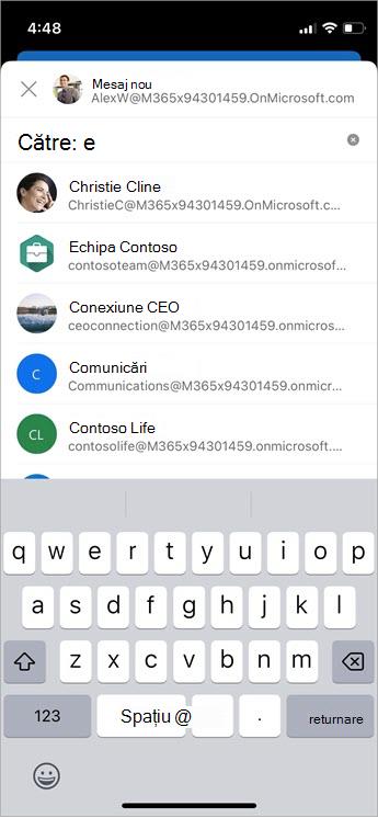 Gestionarea destinatarilor sugerați în casetele Către, Cc și Cci cu Completare automată captură de ecran mobilă