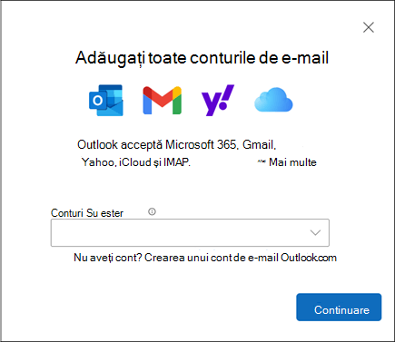 Caseta de dialog Adăugare cont în noul Outlook pentru Windows