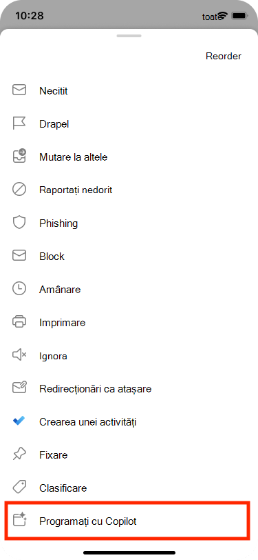 Planificarea din e-mail poate fi selectată din meniul Mai multe acțiuni