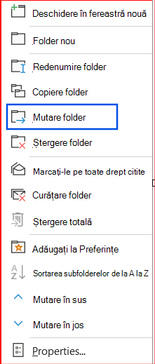Captură de ecran a opțiunii Mutare folder selectată în panoul de navigare.