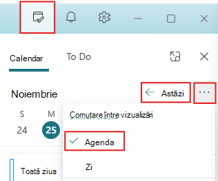 Setați panoul Ziua mea la Astăzi și Vizualizarea agendă