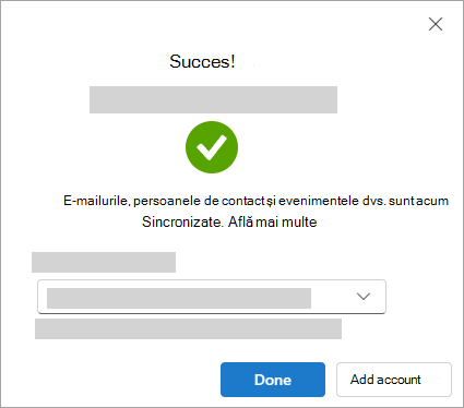 Captură de ecran afișând fereastra de succes atunci când adăugați un cont Google