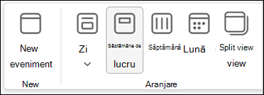 Captură de ecran a panglicii din noul Outlook cu selecții pentru a modifica vizualizarea calendarului