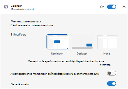 Captură de ecran a setărilor de memento pentru evenimente din Calendar
