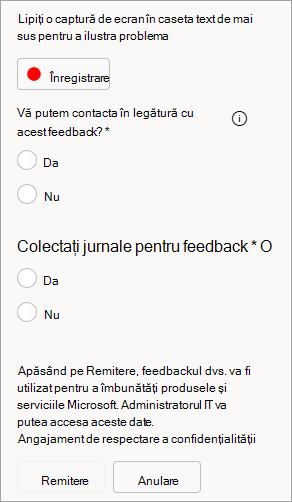 Captură de ecran afișând opțiunea de a permite contactarea și de a trimite jurnale atunci când trimiteți feedback