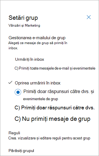 Din panoul Setări de grup, selectați preferința de urmărire sau selectați Părăsire