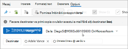 Porniți îmbinarea corespondenței cu destinatarii. Fiecare destinatar va primi propria copie a mesajului de e-mail, fără alți destinatari listați.