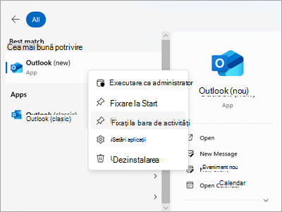 Captură de ecran afișând Outlook în Start cu Fixați la bara de activități