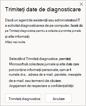 Captură de ecran a ferestrei care arată cum să trimiteți date de diagnosticare atunci când vorbiți cu un agent