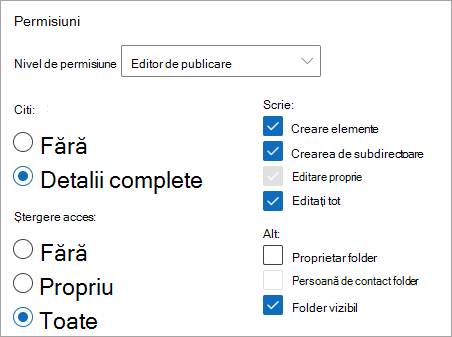 Captură de ecran afișând editorul de publicare selectat ca nivel de permisiune