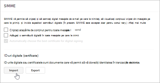 Captură de ecran afișând pagina S/MIME în secțiunile Setare și Import în ID-urile digitale