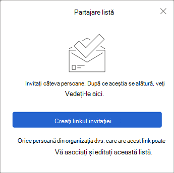 Atunci când selectați Partajare listă, De făcut creează un link de invitație de trimis altor persoane.