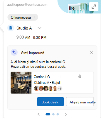 Captură de ecran a fișei locației de lucru, care include un buton pentru a rezerva un birou pentru un eveniment în persoană.