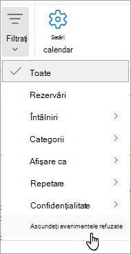 Captură de ecran a Filtrării din Calendar afișând Ascundere evenimente refuzate din lista verticală