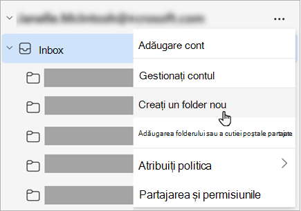 Captură de ecran cu opțiunea Creare folder nou selectată în meniul Mai multe opțiuni din panoul de foldere