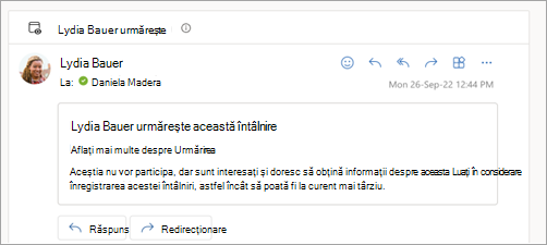 Captură de ecran afișând răspunsul prin e-mail că participantul urmărește întâlnirea