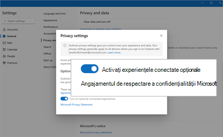 Comutarea de evidențiere a capturilor de ecran pentru a activa experiențele conectate opționale în Setări