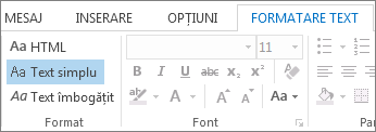 Opțiunile de formatare a mesajului din fila Formatare text
