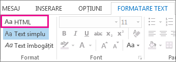 Opțiunea de format HTML din fila Formatare text dintr-un mesaj