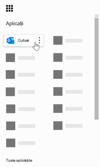 Lansatorul de aplicații Microsoft 365 cu aplicația Outlook evidențiată.