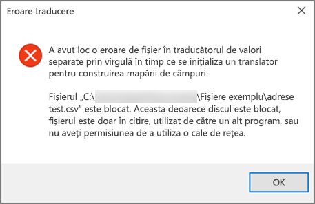 Acesta este mesajul de eroare pe care îl veți primi dacă fișierul .csv are date formatate incorect.