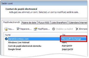 Exemplu de cont Exchange în caseta de dialog Setări cont