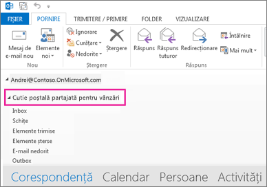 Cutia poștală partajată se afișează în lista de foldere din Outlook