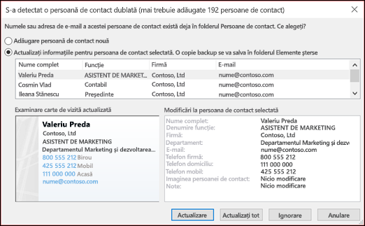 Alegeți ce doriți să faceți cu persoanele de contact dublate.