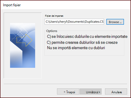 Selectați fișierul de importat.