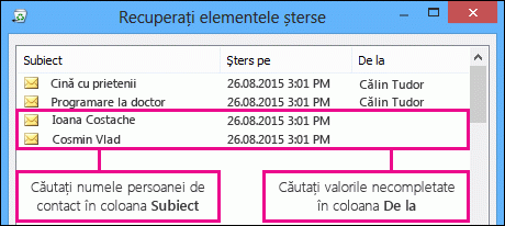 Sortarea în coloanele Subiect sau De la pentru a găsi persoane de contact