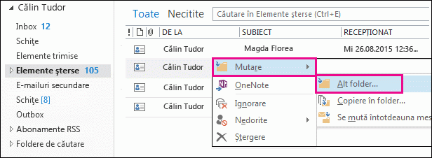 Faceți clic pe Mutare, apoi faceți clic pe Alt folder