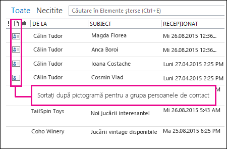 Pictograma Sortarea după pentru a grupa persoanele de contact în folderul Elemente șterse