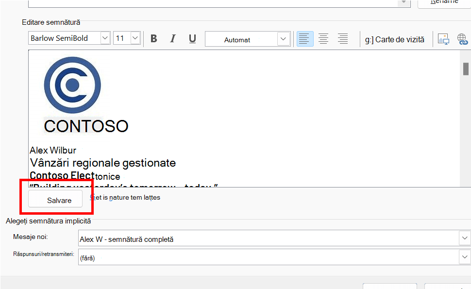 Editorul de semnături din Outlook cu butonul Salvare evidențiat.
