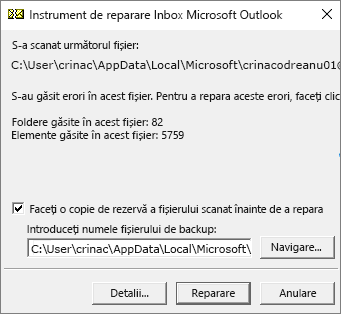 Afișează rezultatele scanării fișierului de date Outlook .pst utilizând instrumentul de reparare Microsoft Inbox, SCANPST.EXE