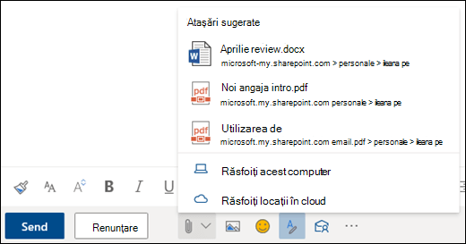 Atașarea fișierelor afișând atașările sugerate