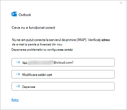 Captură de ecran cu mesajul de eroare Ceva nu a funcționat corect atunci când adăugați un cont iCloud