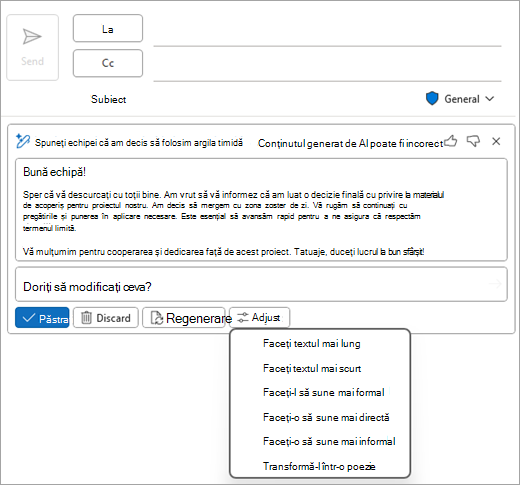 Afișează pagina de e-mail Outlook Classic, cu o schiță Copilot și opțiunile de ajustare afișate.