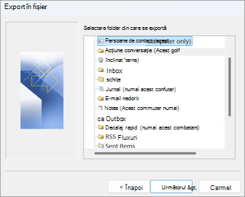 Captură de ecran în Outlook clasic, cu Persoane de contact (doar pe acest computer) selectat pentru export