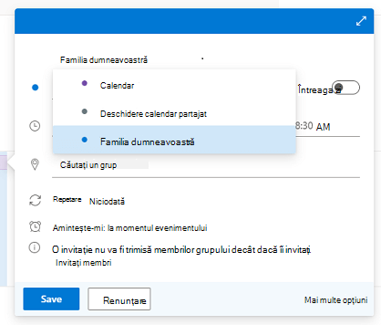 Caseta de dialog Eveniment nou cu lista Calendar deschisă și Familia dvs. selectată.