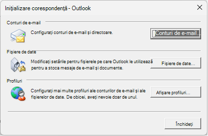 Configurare e-mail - caseta de dialog Outlook care este accesată prin intermediul setărilor de corespondență din Panou de control.