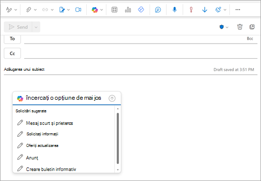 Afișează pagina de corespondență Outlook nouă cu o fereastră de solicitare deschisă în locul în care de obicei începeți să tastați e-mailul.