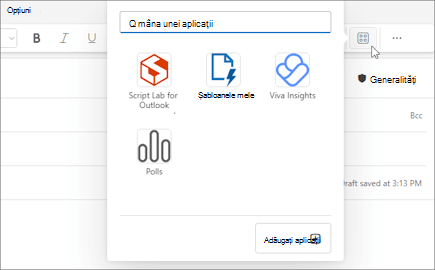 Meniul mobil Aplicații din panglica unui mesaj în curs de compunere în Outlook pe web și în noul Outlook pentru Windows.