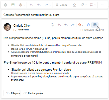 Pictograma Aplicații pe bara de acțiune a unui mesaj în Outlook pe web și în noul Outlook pentru Windows.