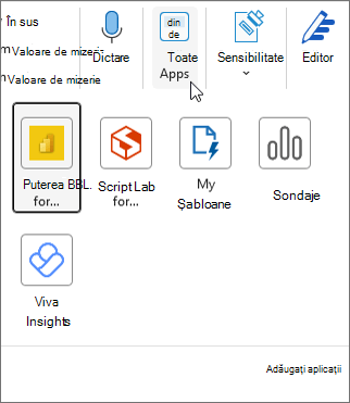 Meniul mobil Toate aplicațiile în Outlook pentru Windows.