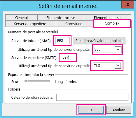 Introduceți setările avansate de e-mail.