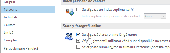 Fila People în caseta de dialog Opțiuni cu starea Afișare stare online evidențiată