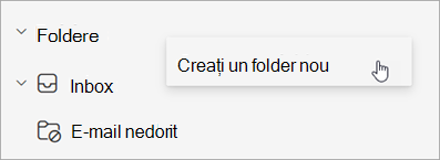 Captură de ecran cu opțiunea Creare folder nou selectată în meniul Mai multe opțiuni din panoul de foldere